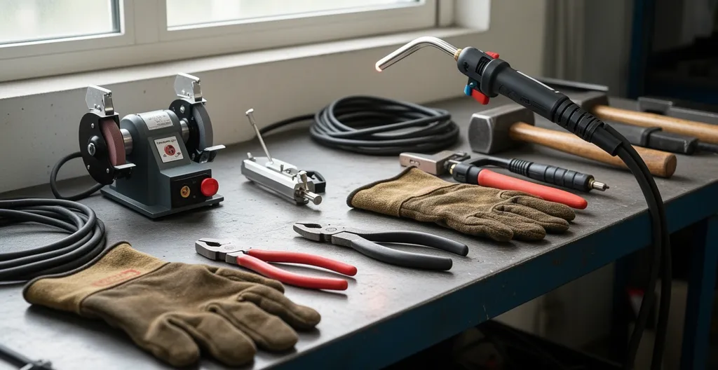 Accessoires soudage professionnels organisés sur établi atelier métallurgie