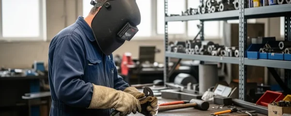Soudeur préparant son poste à souder dans un atelier de métallurgie équipé