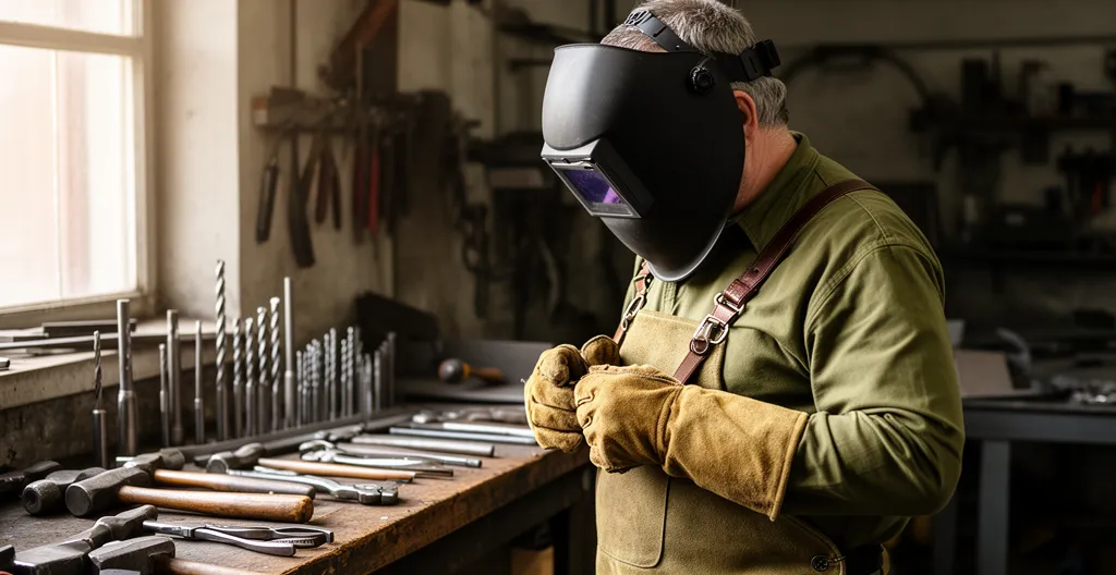 Soudeur vérifiant son équipement de protection cagoule gants tablier avant travaux